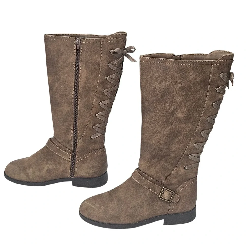So Girls Brown Faux Suede Knee High Boots Lace Up Side Buckle Detail Size‎ 5